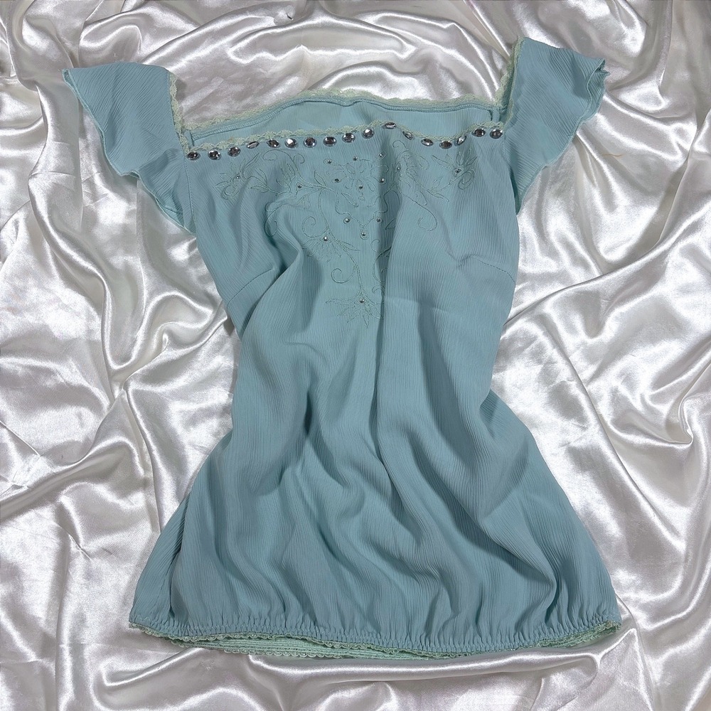 y2k Blouse Light Blue Excellent Embroidered Rhinestone Lace Trim Bubble Hem